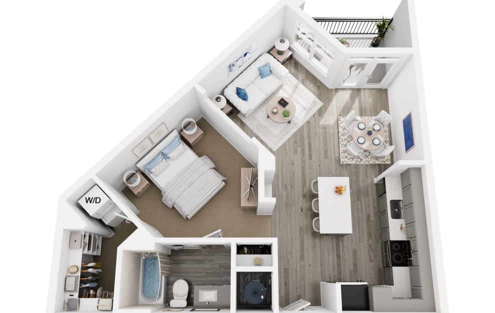 A2 - 1 bedroom floorplan layout with 1 bath and 737 square feet. (3D)