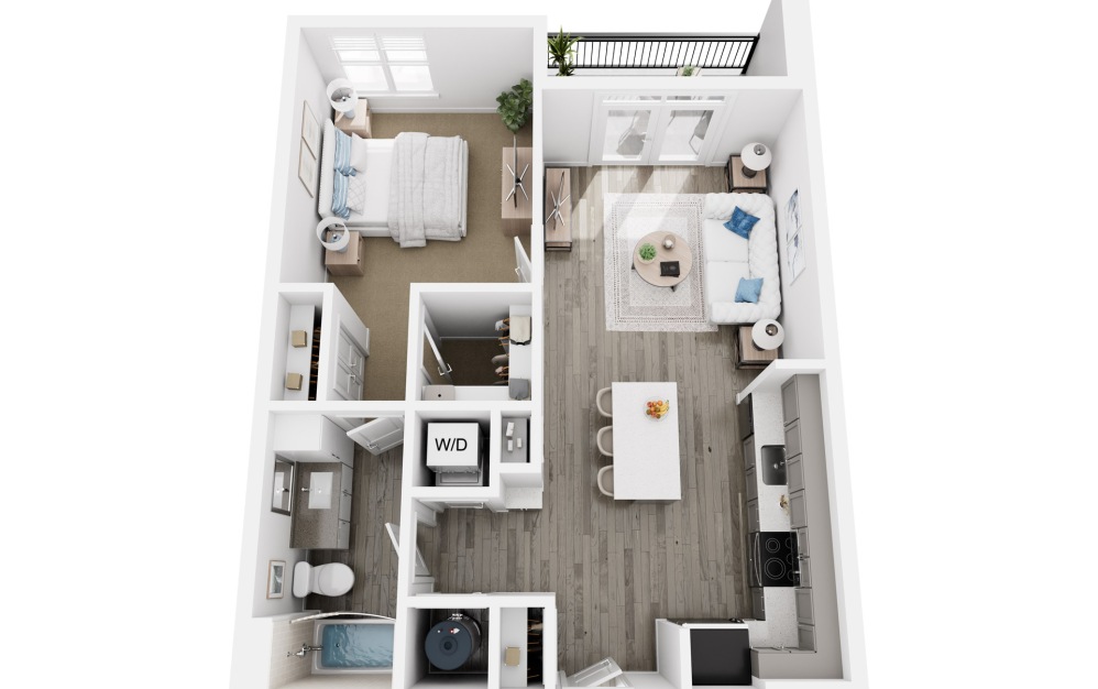 A3 - 1 bedroom floorplan layout with 1 bathroom and 740 square feet (3D)