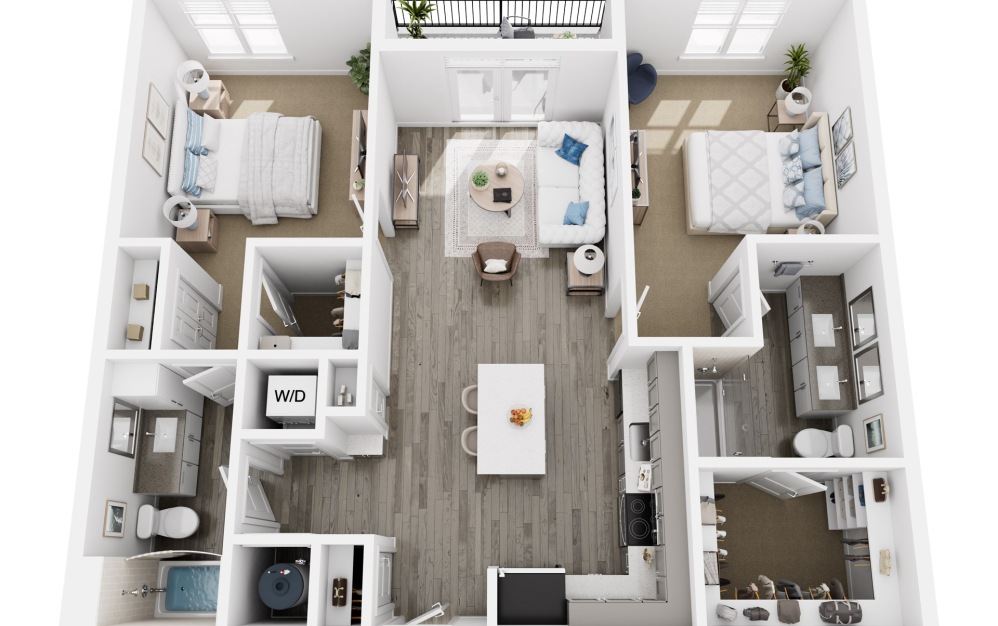 B1 - 2 bedroom floorplan layout with 2 bathrooms and 1083 square feet (3D)