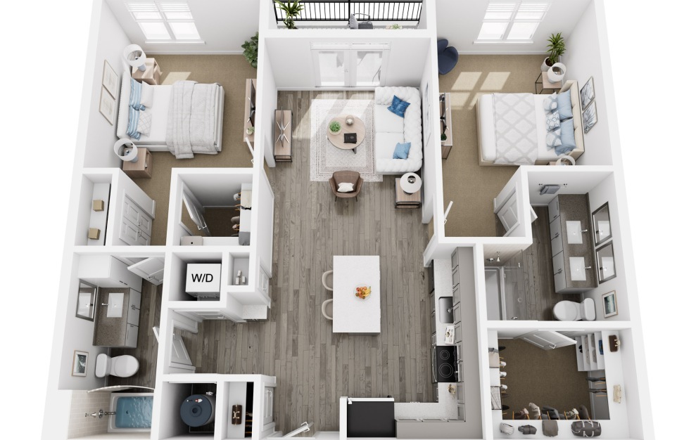 B1 - 2 bedroom floorplan layout with 2 baths and 1083 square feet. (3D)