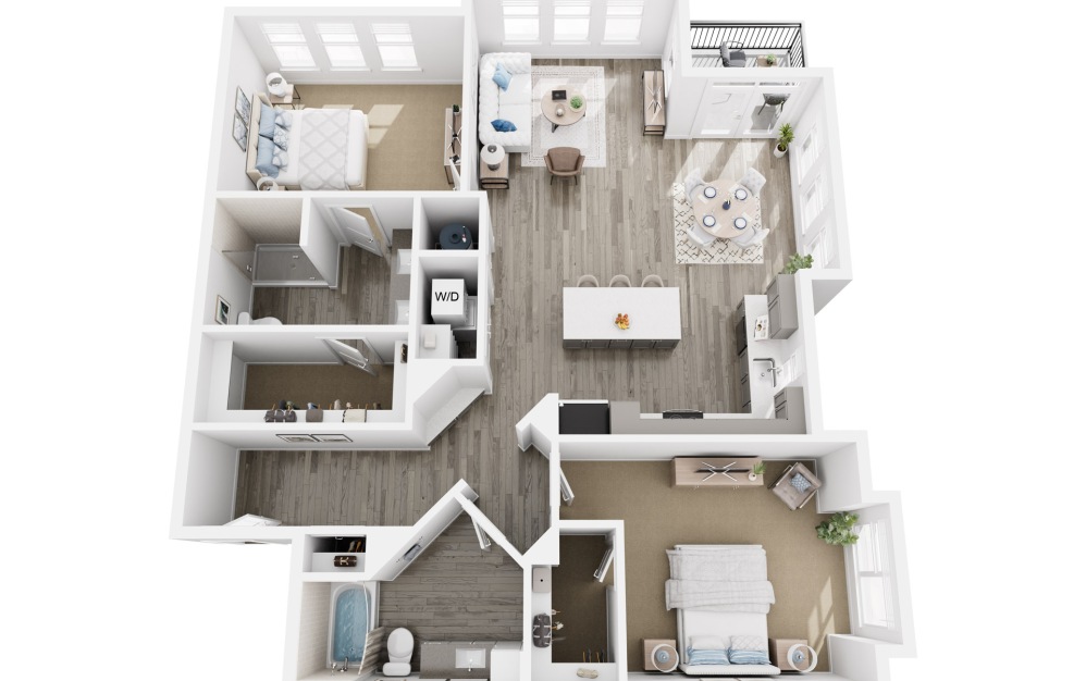 B2 - 2 bedroom floorplan layout with 2 bathrooms and 1382 square feet (3D)