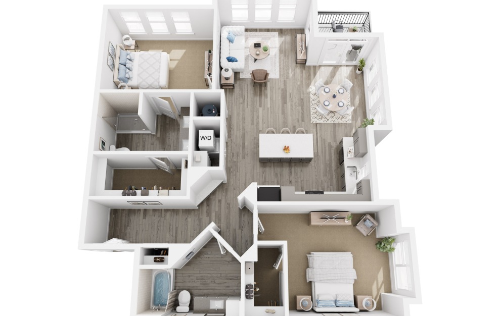 B2 - 2 bedroom floorplan layout with 2 baths and 1382 square feet. (3D)