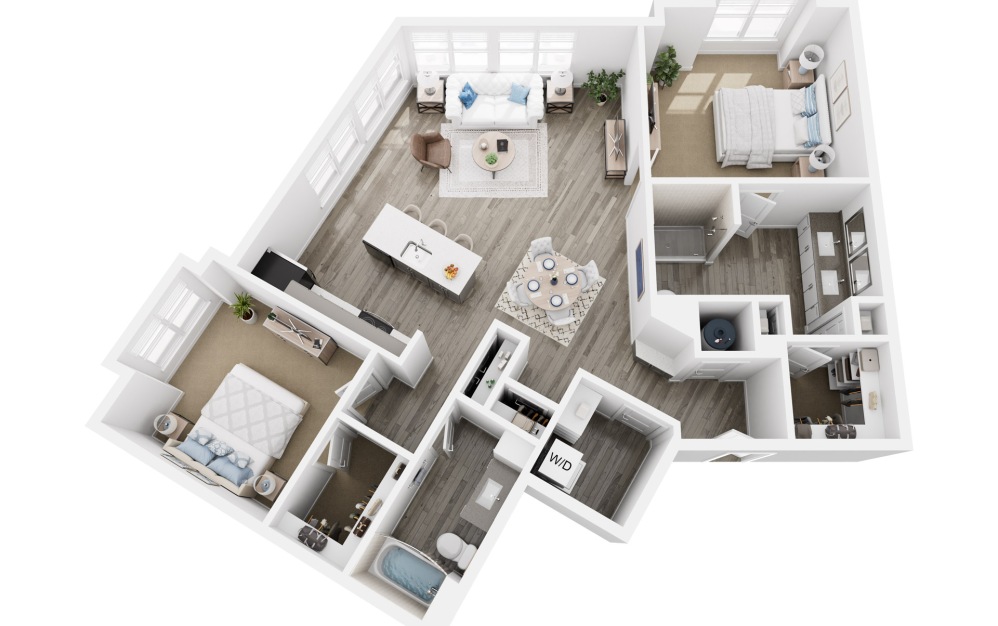 B3 - 2 bedroom floorplan layout with 2 bathrooms and 1403 square feet (3D)