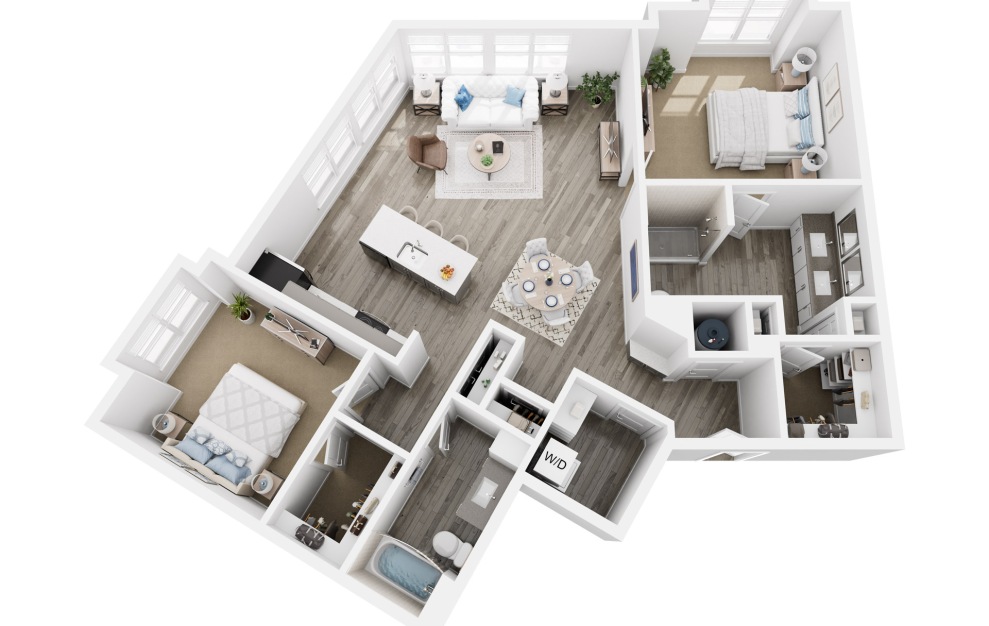 B3 - 2 bedroom floorplan layout with 2 baths and 1403 square feet. (3D)